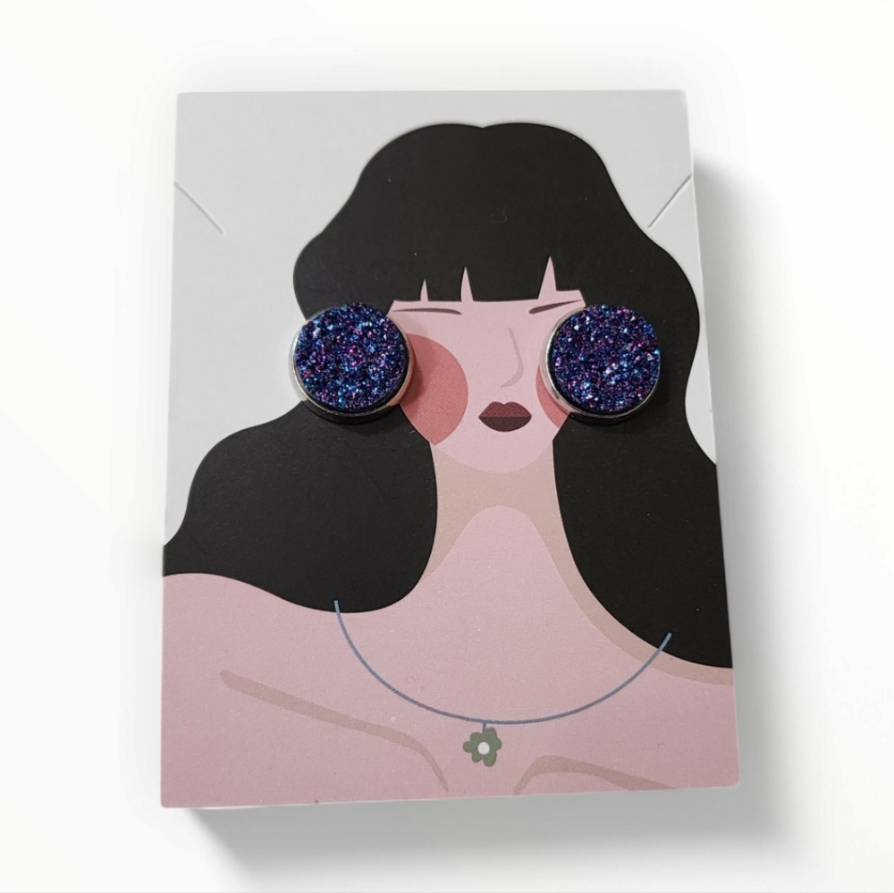 3/$25 Boutique Faux Druzy Stud Earrings Purple Blue Sparkle Resin Silver Tone